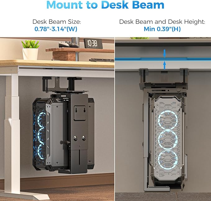 Suptek Clamp-on Desk or Desk Leg PC Mount,Adjustable Height and Width,CPU Under Desk Table Beam PC Mount Bracket Computer Tower Wall and Under Counter Holder