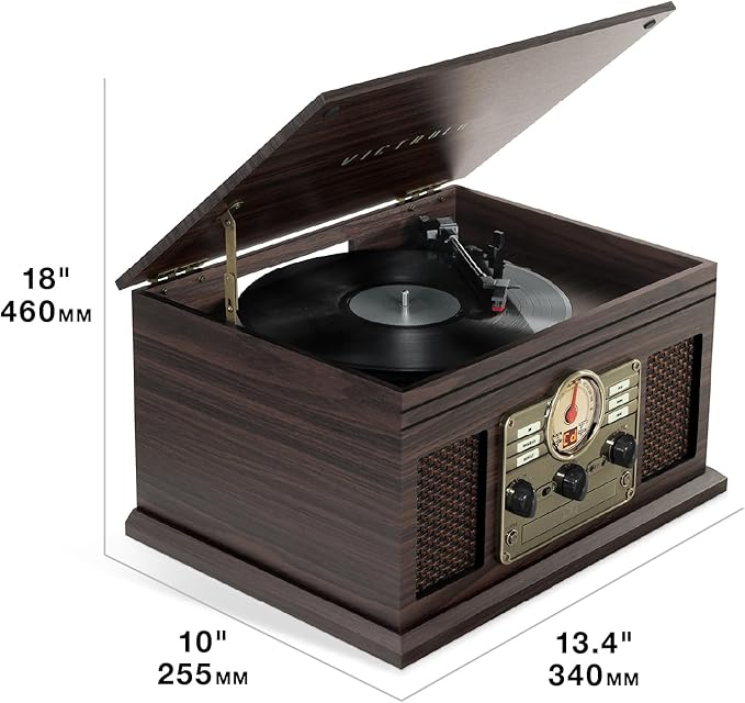 Victrola The Quincy 6-in-1 Bluetooth Record Player & Multimedia Center with Built-in Speakers – 3-Speed Turntable, CD & Cassette Player, AM/FM Radio, Wireless Music Streaming (Farmhouse Oatmeal)
