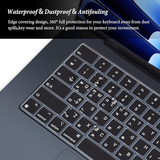 Korean Keyboard Cover for Apple 2025 2024 2023 MacBook Air Laptop with M4 M3 M2 chip 15.3-inch A3241 A3114 A2941,MacBook Air 13.6 inch A3240 A3113 A2681 Skin Protector-Black