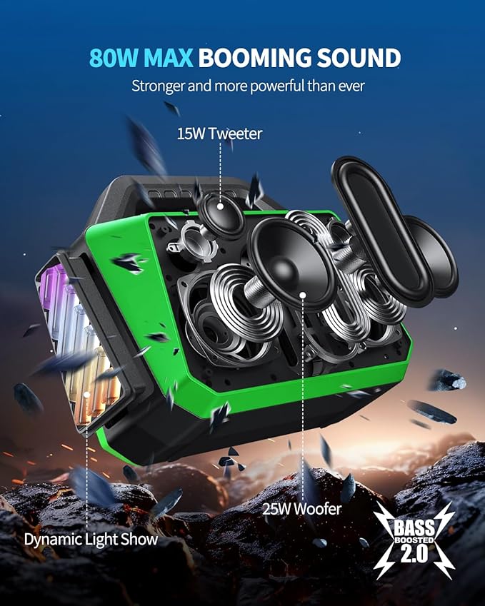 Portable Bluetooth Speaker Wireless - Loud Speakers 80W Peak, 20H Playtime, Light Show, TWS, Deep Bass, BT 5.3, IPX6 Waterproof for Outdoor Travel Camping Beach Pool - Green