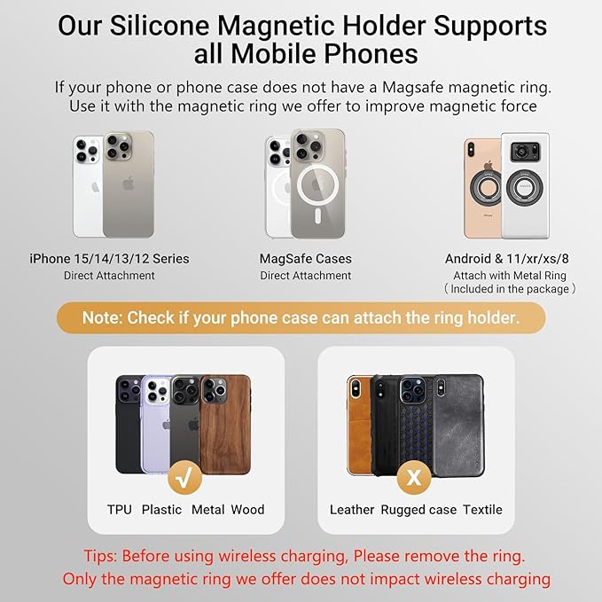 OPSO Magnetic Phone Ring Holder for MagSafe, 360 Degree Rotation Silicone Finger Ring Grip Stand Holder, Adjustable Kickstand, Compatible with iPhone 16 15 14 13 12/Pro/Max, Samsung and All Smartphone