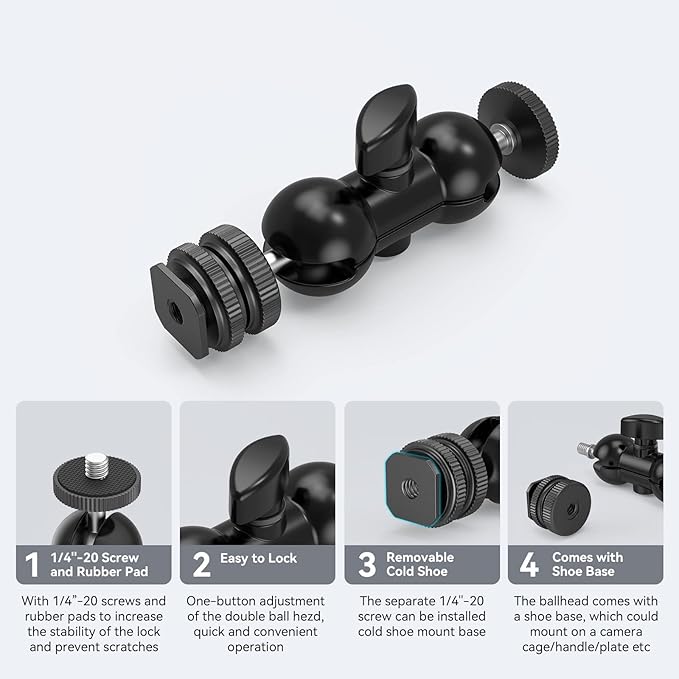 SmallRig Cool Ballhead, Multi-Function Double Ball Dead Adapter with Shoe Mount & 1/4" Screw for Monitors Led Light Microphone - 1135