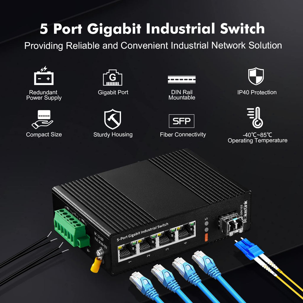 MokerLink 5 Port Industrial DIN-Rail Network Switch, 4 Gigabit Ethernet, 1 SFP, 14Gbps Switching Capacity, IP40 Rated (-40 to 185F), With UL Power Supply
