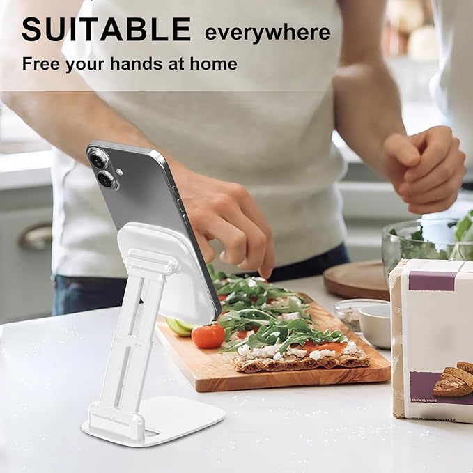 DEERLAMN Cell Phone Stand for Desk, Height Adjustable Cell Phone Holder Portable Desktop Stand, Travel Home Office Desk Accessories Compatible with iPhone 16/15/14/13/12/11 All Smartphone - White