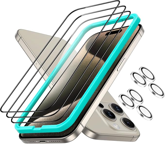 ESR 3+2 Pack for iPhone 15 Pro Screen Protector, [9H Hardness] [Military Grade Shatterproof] Full Coverage Ultra-tough Tempered Glass Film with Easy Installation Frame, 2 Set of Camera Lens Protector