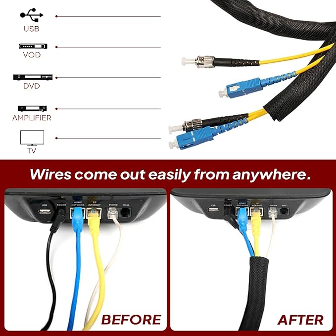 Black Braided Cable Management Sleeves Wire Loom Tubing Cord Protector Self-Wrapping (1/2"-20Feet)