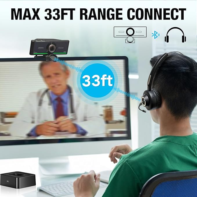 1080P Webcam with Mics, Auto Light Correction, USB Plug&Play, Privacy Cover, Computer Webcam Connect Bluetooth Headset/Earphone/Speaker, Full HD for Business Meetings & Live Streaming