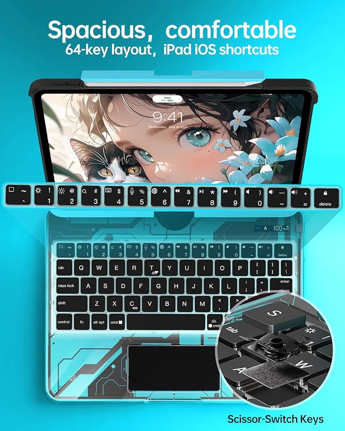 Intermerge Clear Keyboard Case for iPad Air 13" (M3/M2, 2025/2024) & Pro 12.9" (2022-2018) - 360° Rotatable Trackpad, RGB Backlit Keyboard, Pencil Holder, Power Indicator, Type-C, Nebula Core X