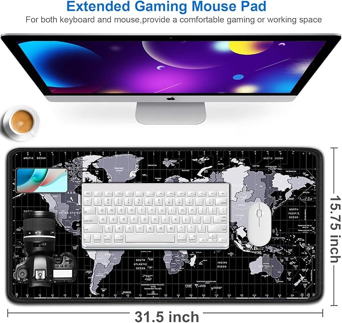 Large Mouse Pad, 31.5x15.7 inch Large Extended Computer Keyboard Mouse Mat, Water Resist Non-Slip Mousepad Rubber Base Long XXL Desk Mouse Pad for Work & Gaming, Office & Home, Grey Map