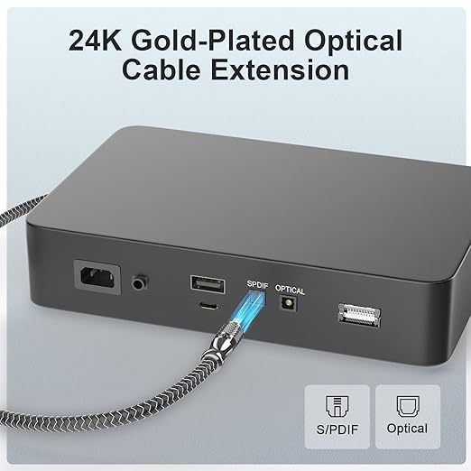 EMK Optical Cable Extension, 24K Gold-Plated Optical Audio Cable Toslink Female to Male Audio Extended Cable Compatible for Sound Bar,Home Theater (3 Feet/1M, Optic Extension, Silver2)