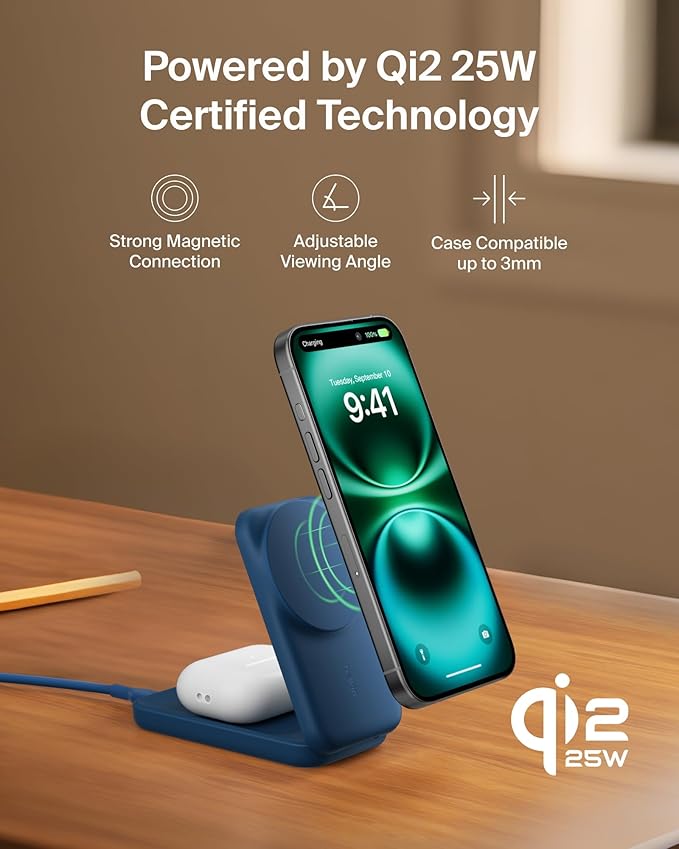 Belkin MagSafe Charger Compatible, 2-in-1 Charging Station, Qi2.2 25W Magnetic Wireless Charger Dock, Foldable Stand, with 5W USB-C Port, for iPhone 16/15/14, AirPods (45W Adapter Included)
