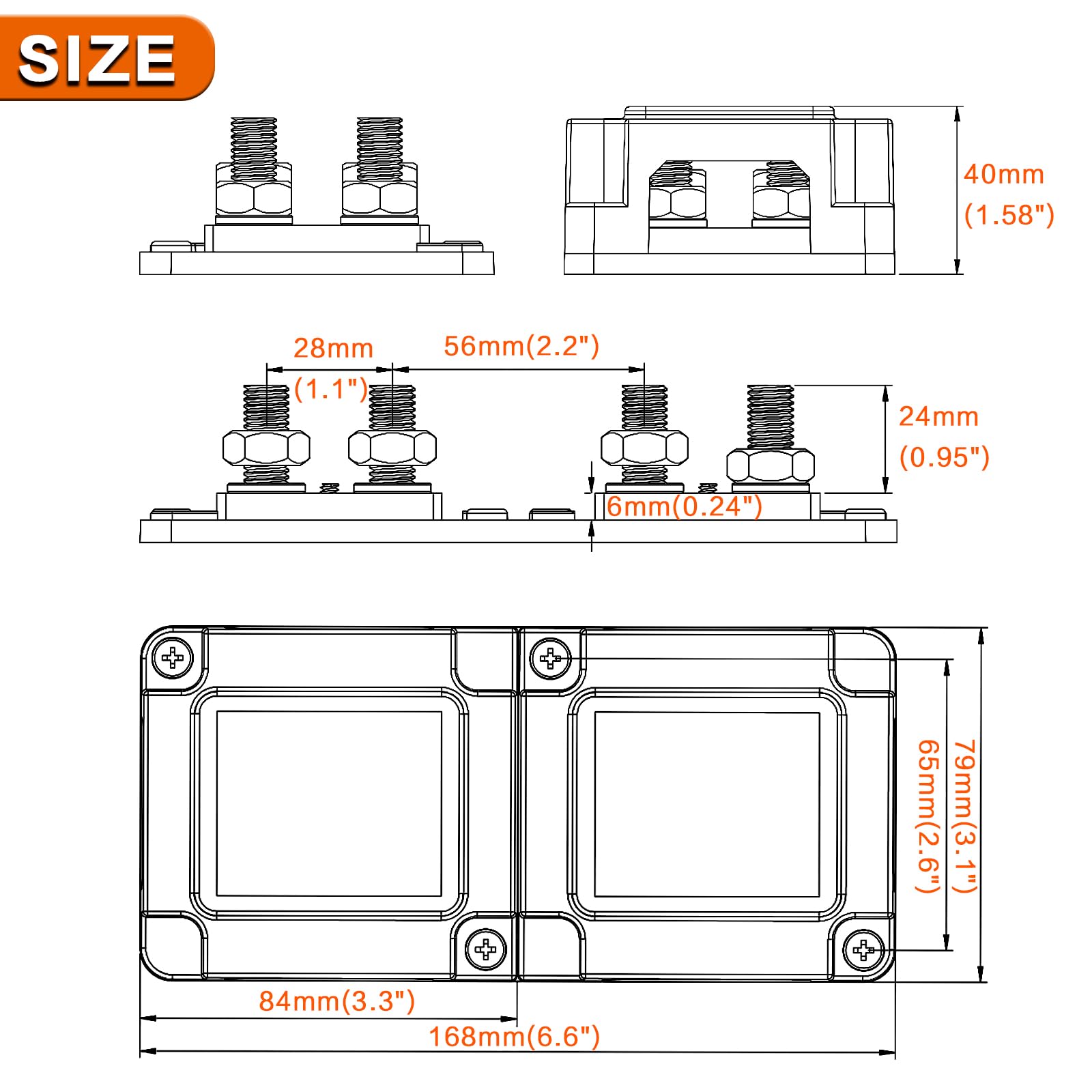 AMOMD Heavy Duty 400A 12-48V Tin-Plated Copper Block Bus Bar 8xM10(3/8") Studs Independent Modular Positive Negative Ground Battery Junction Block Buss Bar for Solar System Marine Truck Boat