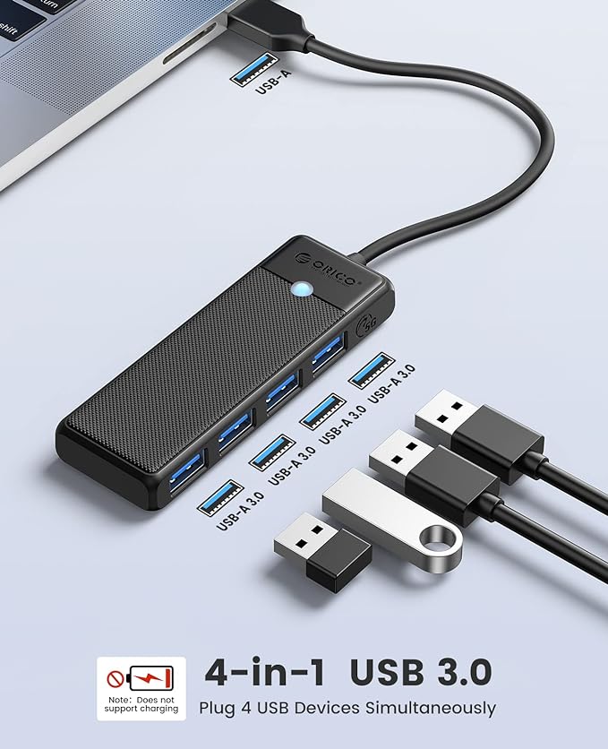 ORICO USB 3.0 Hub, 4-Port USB Hub, Ultra Slim USB Splitter for Laptop for MacBook, Mac Pro, iMac, Surface Pro,XPS, PS5, PC, Flash Drive, Mobile HDD(Black/0.5ft)