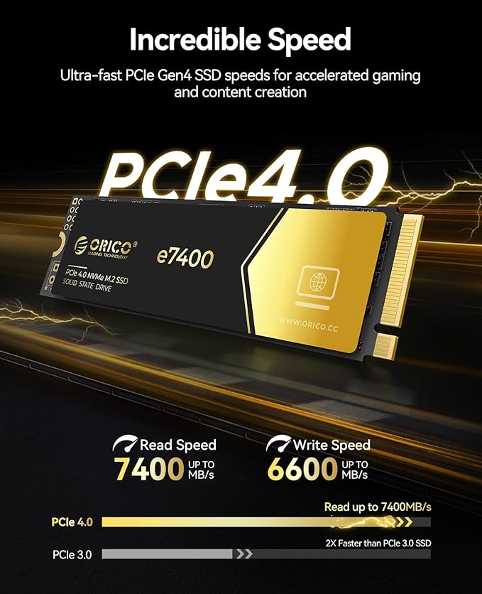 ORICO 2TB NVMe SSD PCIe 4.0- Up to 7400MB/s, M.2 SSD 2280 PCIe 4.0X4 Internal Solid State Drive SSD, Fast Heat Dissipation, Compatible with macOS Windows for Gamers and Creators-e7400