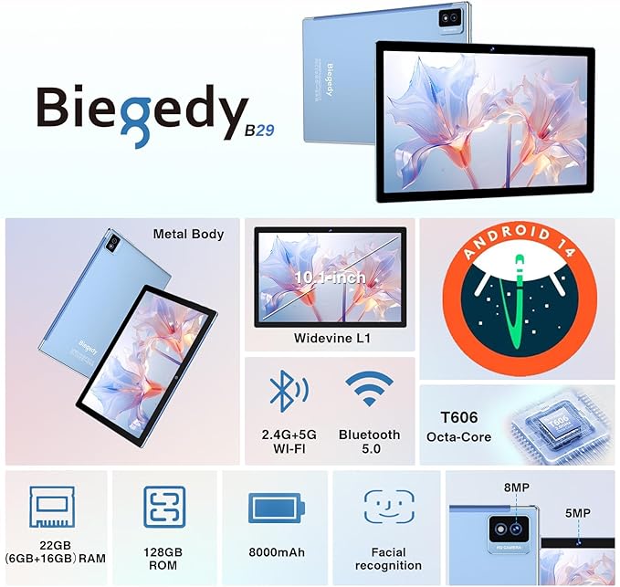 Android Tablet with Keyboard, 10 inch Android 14 Tablets 22GB+128GB, Octa-Core CPU, 8000mAh, HD IPS Display, 5G WiFi, BT 5.0, GPS, Widevine L1, 1TB Expandable, Mouse, Split Screen, Metal Body -Blue