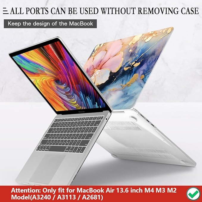 CISSOOK Compatible with MacBook Air 13.6 inch Case M2 M3 M4 Release 2025 2024 2023 2022, Plastic Hard Shell Case Keyboard Cover Screen Film for MacBook Air 13 inch A3240 A3113 A2681, Marble Flower