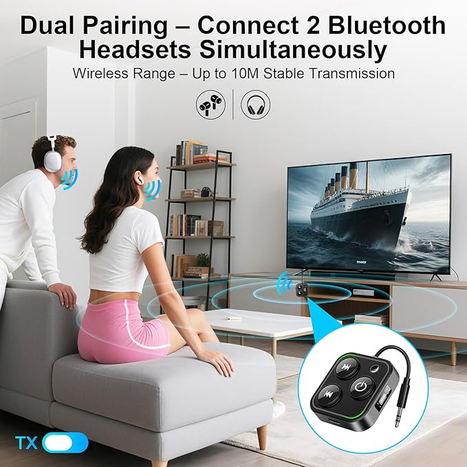 2025 Pro Bluetooth 5.4 Transmitter Receiver, 2-in-1 Wireless Audio Adapter for Airplane/TV/PC/Gym - Dual Link Headphone, Low Latency, Battery Display, Built-in Mic, 30H Playtime, Aviation Metal Frame