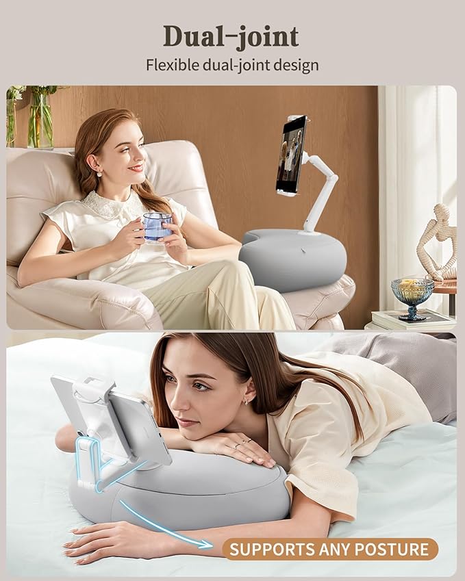 SAIJI Kindle Pillow Stand, Lap Beanbag iPad Stand Compatible with 4.7”-15.6” Kindle, Phone, iPad, 360° Adjustable Tablet Holder for Bed with Flexible Dual Axis Arm and Microbead Cushion (Gray)