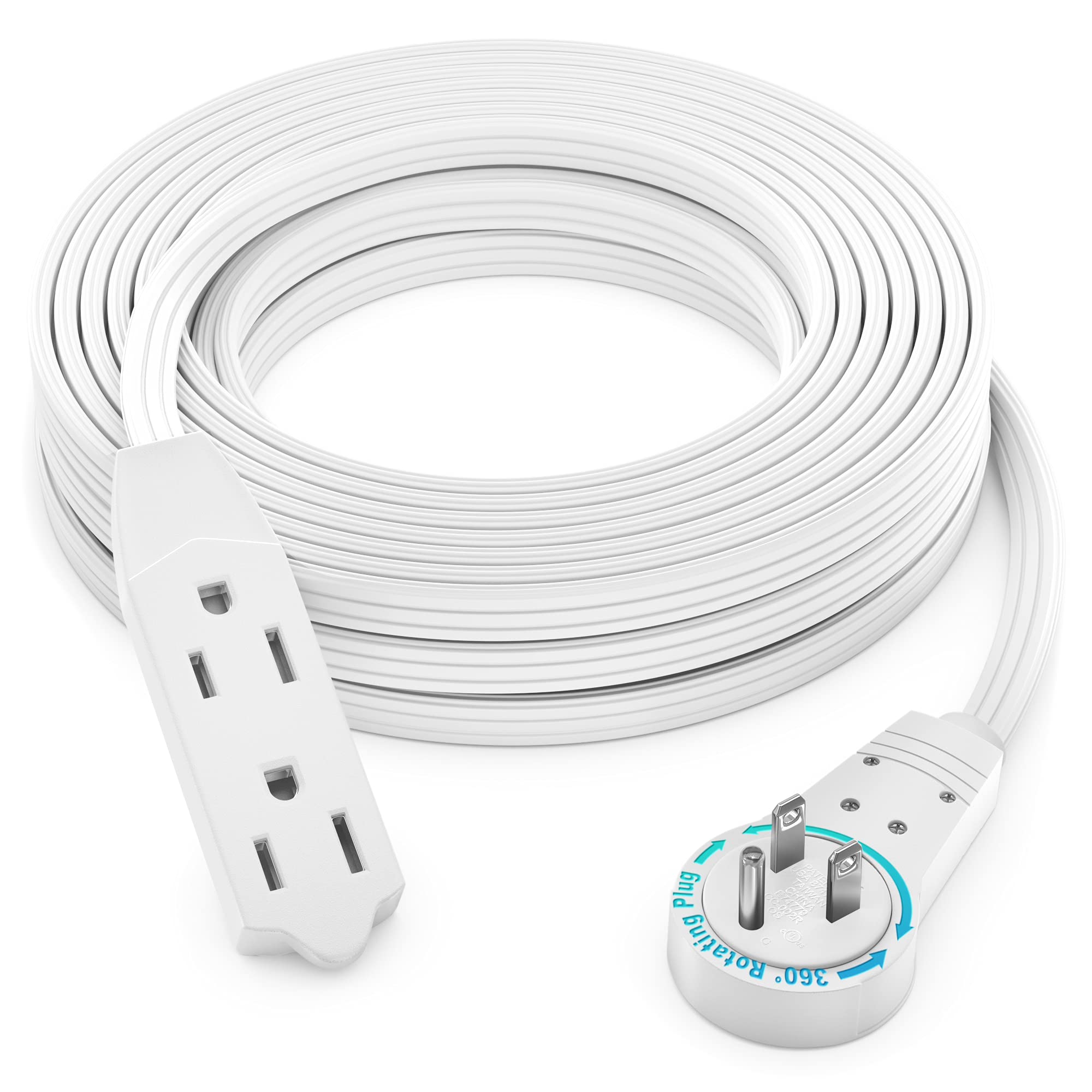 Maximm Cable 25 Ft 360° Rotating Flat Plug Extension Cord/Wire, 16 AWG Multi 3 Outlet Extension Wire, 3 Prong Grounded Wire - White - UL Certified