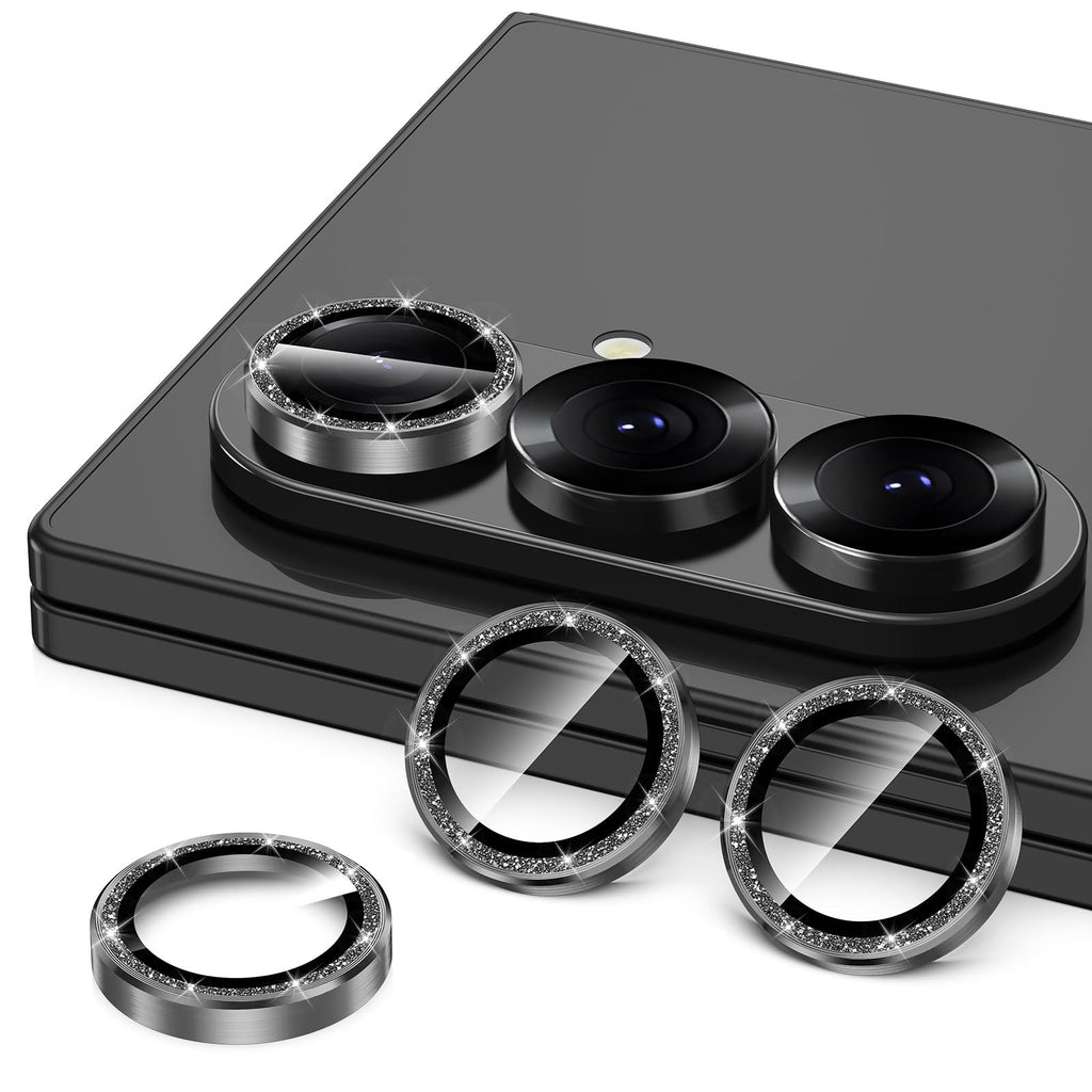 Avocase for Samsung Galaxy Z Fold 7 Camera Lens Protector, Individual Metal Ring Tempered Glass Lens Cover, [Strong Adsorption] Scratch Resistant Ultra-Thin HD Clear Lens Cover, 1 Set-Black Sparkly