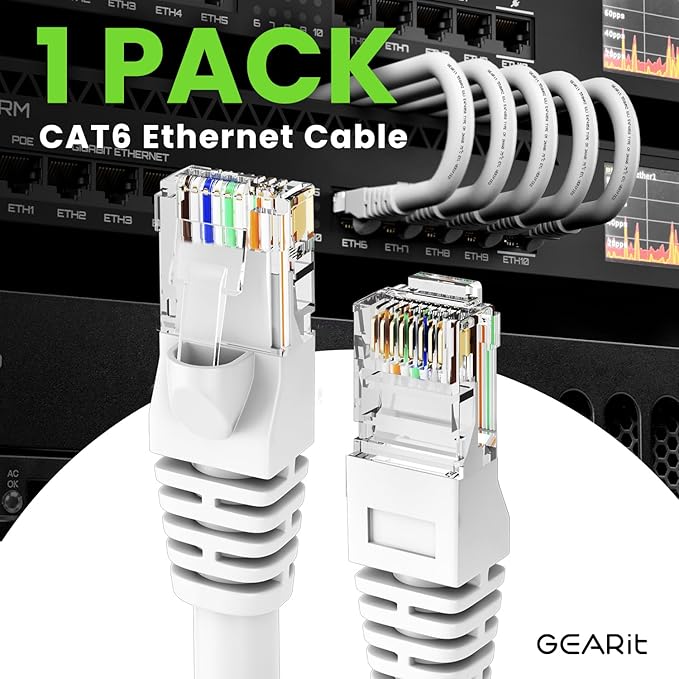 GEARit Cat 6 Ethernet Cable (1-Pack 14 Feet) Cat6 Network Patch, 10Gbps, RJ45, Snagless Cord, Gold-Plated Connectors, Internet for PC, TV, Tablet, Router, Printer, Servers, IT Data Center - White