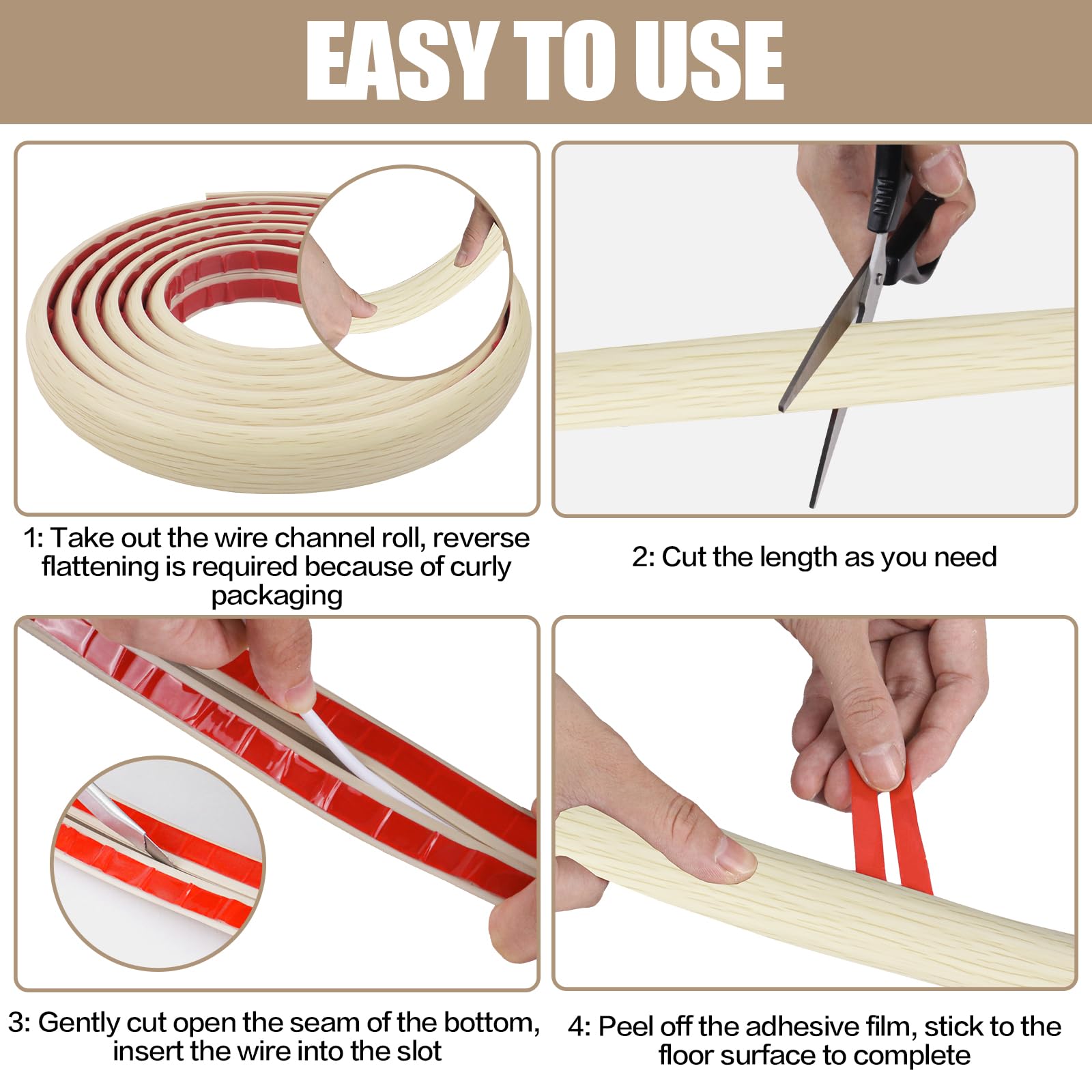Floor Cord Cover Self Adhesive Cord Hider,3.3FT Cable Management, Extension Strip Protector for Wires, Prevent Cable Trips for Offices, Gyms, Exhibitions Cavity:0.51"(W) x 0.3"(H) Yellow Wood