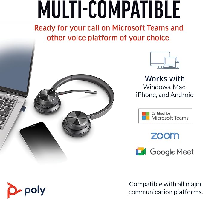 Poly Voyager 4320 UC Wireless Headset & Charge Stand (Plantronics) - Stereo Headphones w/Noise-Canceling Boom Mic - Connect PC/Mac/Mobile via Bluetooth-Works w/Teams (Certified), Zoom-Amazon Exclusive