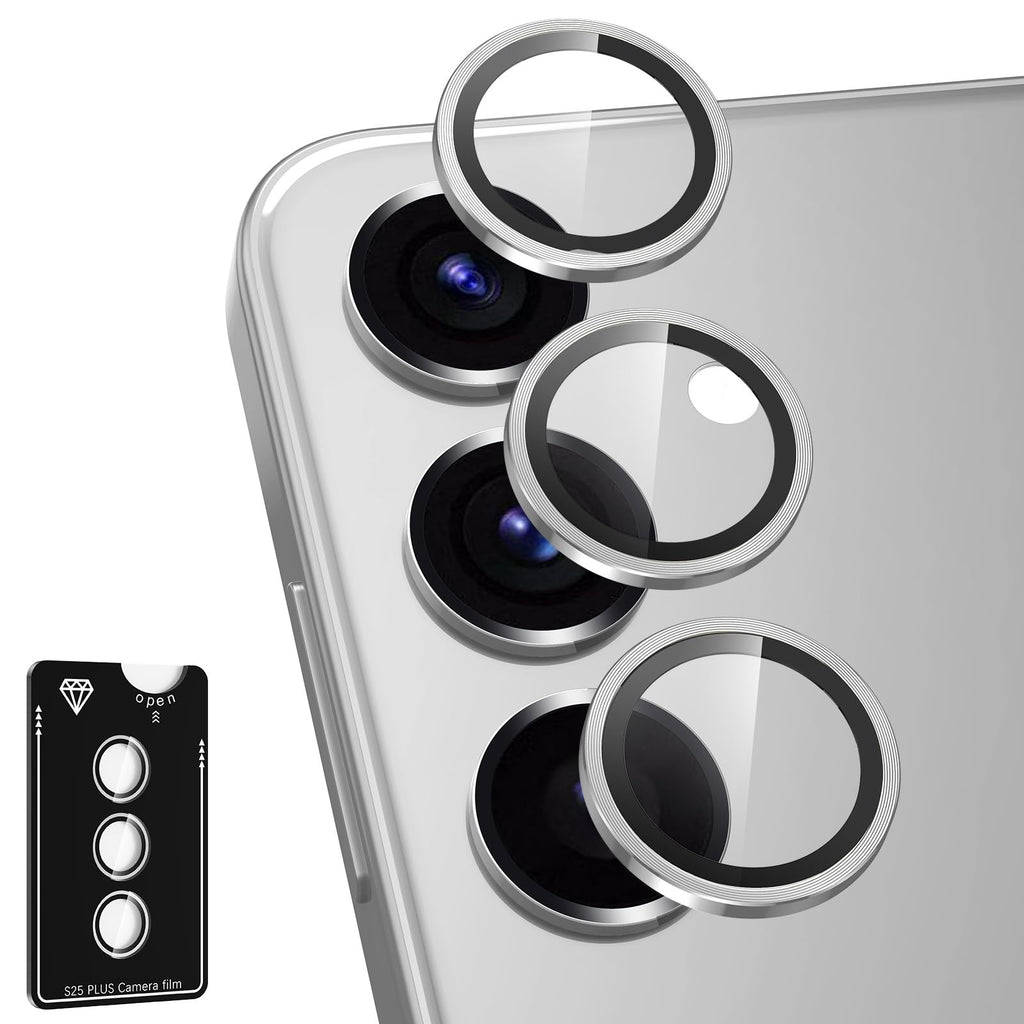 Avocase for Samsung Galaxy S25 Plus Camera Lens Protector, Individual Metal Ring Tempered Glass Lens Cover, [Strong Adsorption] Scratch Resistant Ultra-Thin HD Clear Lens Cover, 1 Set-Silvery