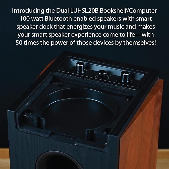 Dual Electronics LUHSL20B Cherrywood and Black 2-Way Bookshelf Speakers with Bluetooth | Home Stereo, PC | Loud & Deep Rich Bass | Wireless Remote Control | Smart Speaker Dock | Sold in Pairs