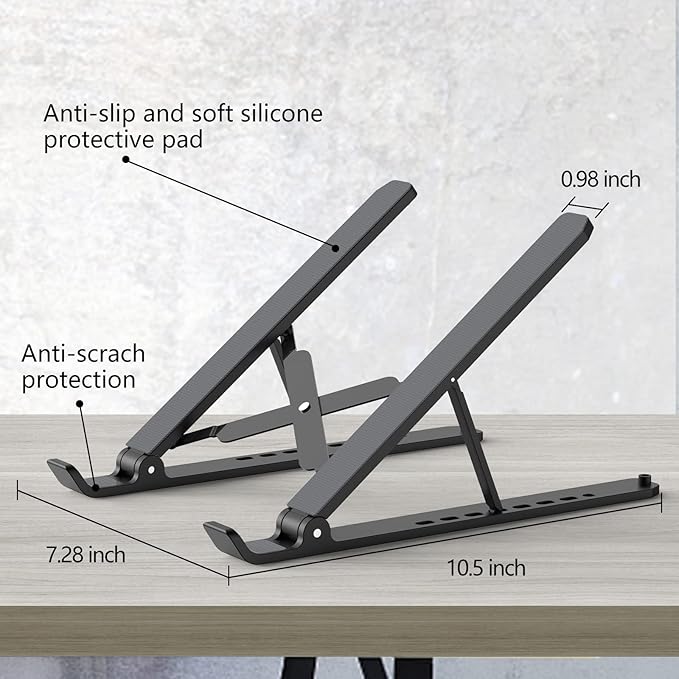 Laptop Stand for Desk, Adjustable Laptop Riser ABS+Silicone Foldable Portable Notebook Holder, Ventilated Cooling Notebook Mount Computer Stand for 10-15.6” Laptops,Tablets-Black