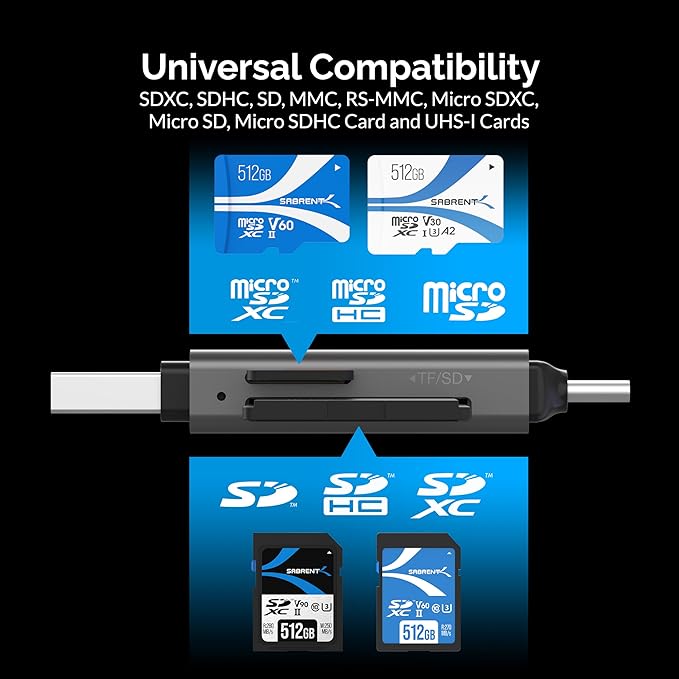 SABRENT SD Card Reader, High-Speed USB C to Micro SD Card Adapter, USB 3.0 OTG Dual Slots Memory Card Reader & 3.0 OTG – High Speed Micro SD Card Reader for SD, SDHC, SDXC, MMC, T-Flash (CR-BCA2)