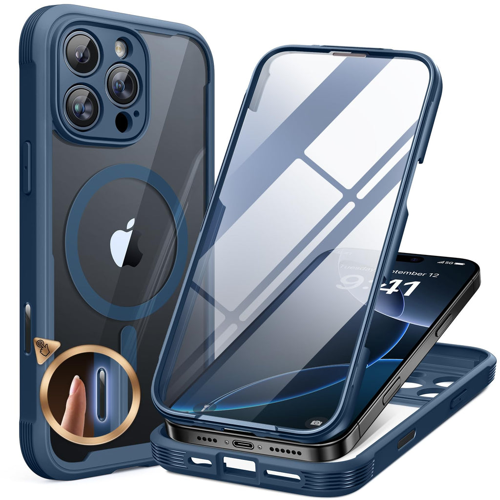 Miracase Magnetic for iPhone 16 Pro Case Full-Body Phone with Built-in Glass Screen Protector, [Compatible with MagSafe] Military Drop Proof 16 Pro Cover Bumper 6.3 inch, Blue
