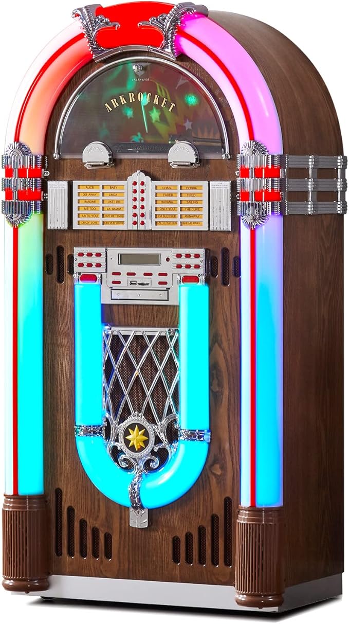 Arkrocket Saturn V Full Size Jukebox Vinyl Record Player Bluetooth USB SD CD Player Radio Retro Turntable Classic Jukebox 51 inch (Saturn V - Dark Oak)