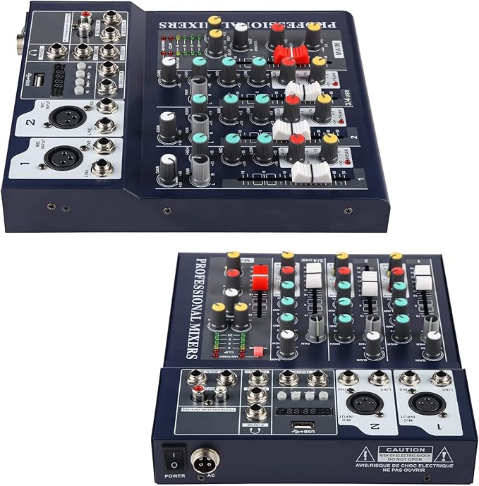 Dj Mixers 4 Channel Audio Mixer Sound Board with Bluetooth, Usb Audio Interface with 48V Phantom Power Sounds Mixer Board with FX Reverb Delay Effect for Streaming