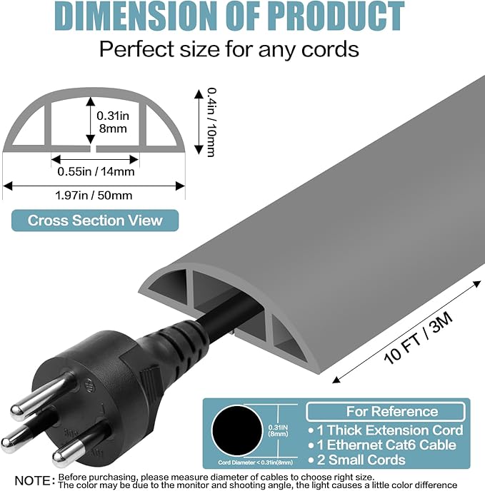 Floor Cord Cover Self Adhesive Cord Hider,10FT Cable Management, Extension Strip Protector for Wires, Prevent Cable Trips for Offices, Gyms, Exhibitions Cavity:0.47"(W) x 0.35"(H) Gray