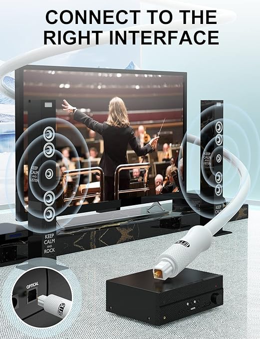 EMK White Optical Audio Cable [8ft/2.4M] - Digital SPDIF Toslink Fiber Optic Cable for Sound Bar, TV, Home Theater, Blu-ray Player - White, High-Speed, Low-Loss, Gold-Plated Connectors