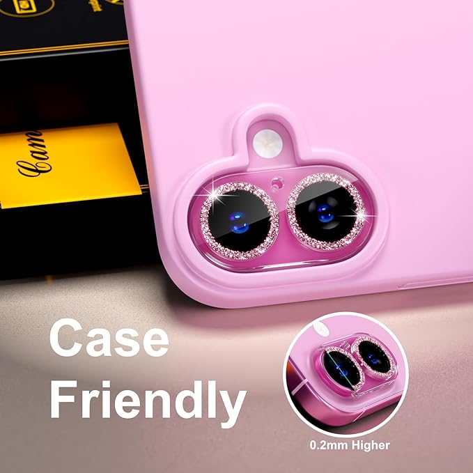beuxece for 6 Pack iPhone 16 / iPhone 16 Plus Camera Lens Protector [Drop Protection] [Case Friendly] [Easy Installation] 9H Tempered Glass Camera Screen Protector Cover Accessories, Glitter Pink