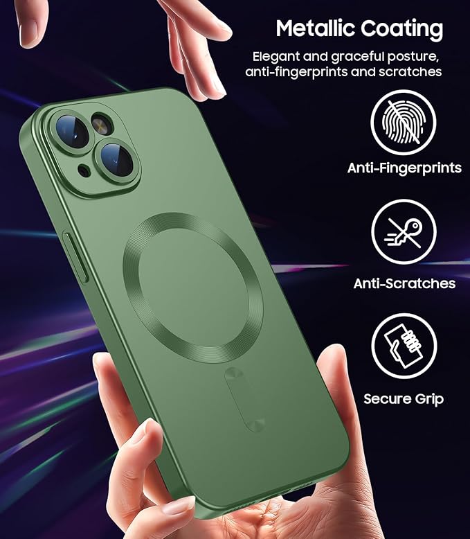 Magnetic for iPhone 13 Case [Compatible with MagSafe][Built-in Camera Lens Protector] Slim Soft Silicone Bumper Shockproof Metallic Luster Phone Case (Green)