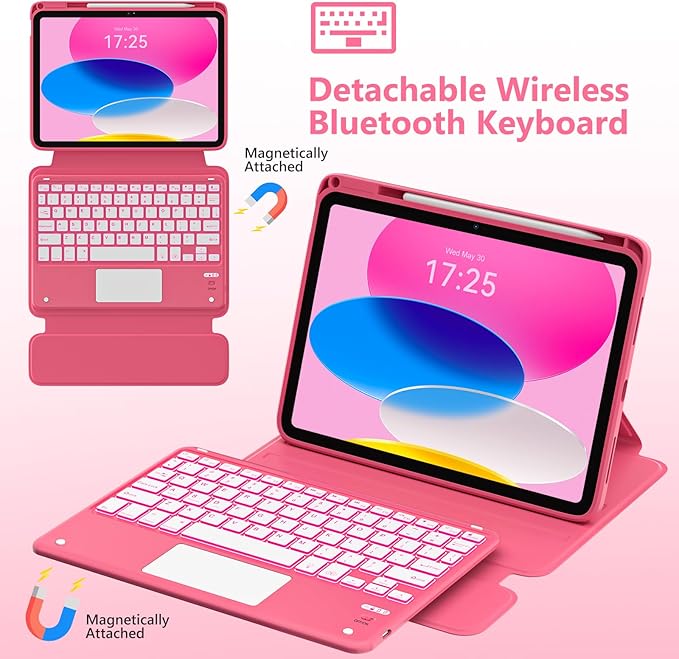 Touchpad for iPad A16 11th/10th Generation Case with Keyboard, 7 Color Backlit 360 Rotation Cover with Pencil Holder,Detachable Keyboard for iPad 11 inch 2025/10th Gen 10.9'' 2022 (Watermelon Red)