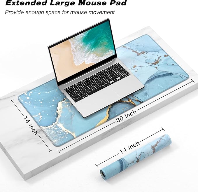 Extended Gaming Mouse Pad, XXL Large Desk Pad 30 x 14 Inch, Big Computer Keyboard Mousepad, Waterproof Mouse Mat with Stitched Edges and Non-Slip Base for Women Office Gaming, Blue Marble