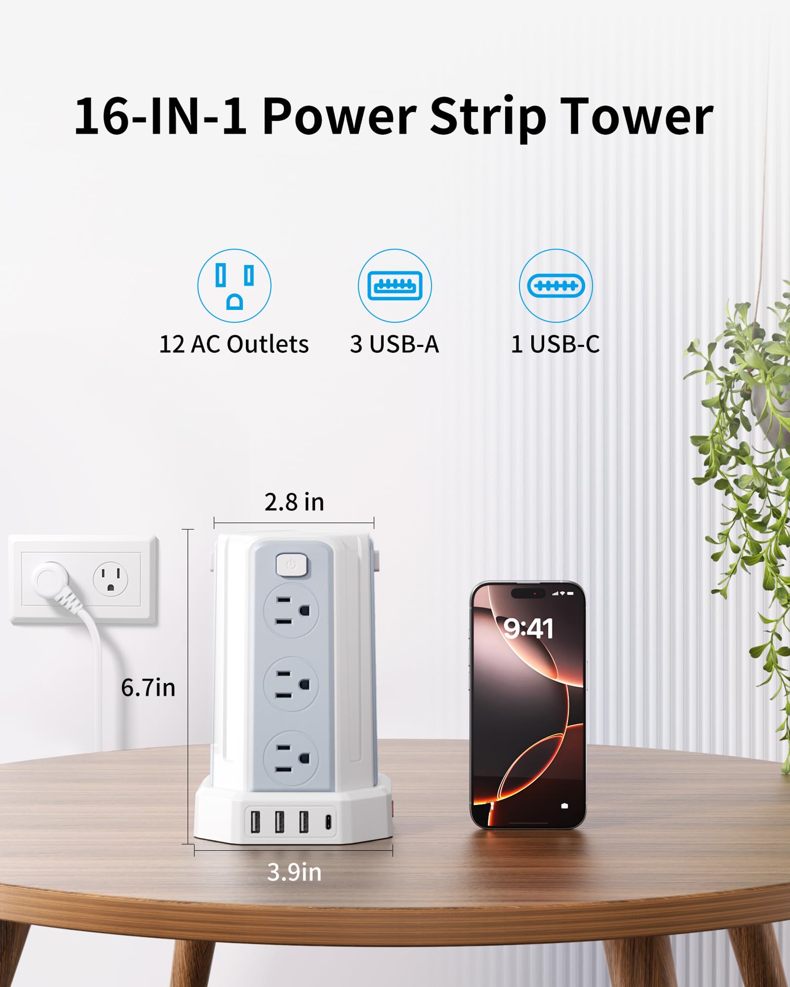 Power Strip 6.5 Ft Extension Cord with 12 AC Multiple Outlets 4 USB (1 USB C), SMALLRT Power Strip Tower Desktop Charging Station for Home Office College Dorm Essentials