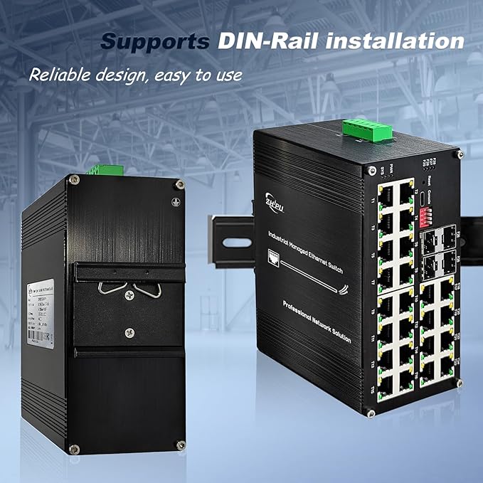 Industrial L2+ Managed 24 Port PoE Ethernet Switch with 4 SFP Slot, Gigabit Networking Switch with IPv4/IPv6 Management and DIP Switch, Supporting Din-Rail
