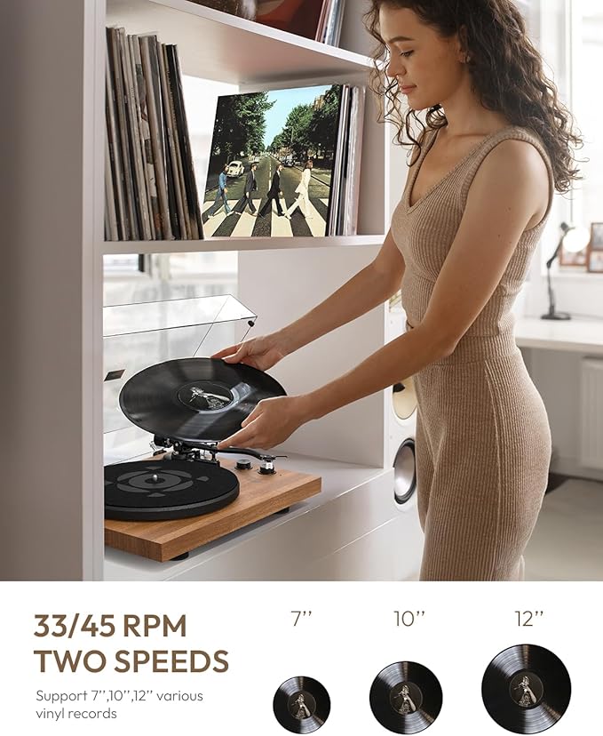 SoulBox S1 Vinyl Record Player with Stereo Speakers, Turntable with Built-in Preamp, S-Shaped Tonearm, 33/45 RPM - Walnut
