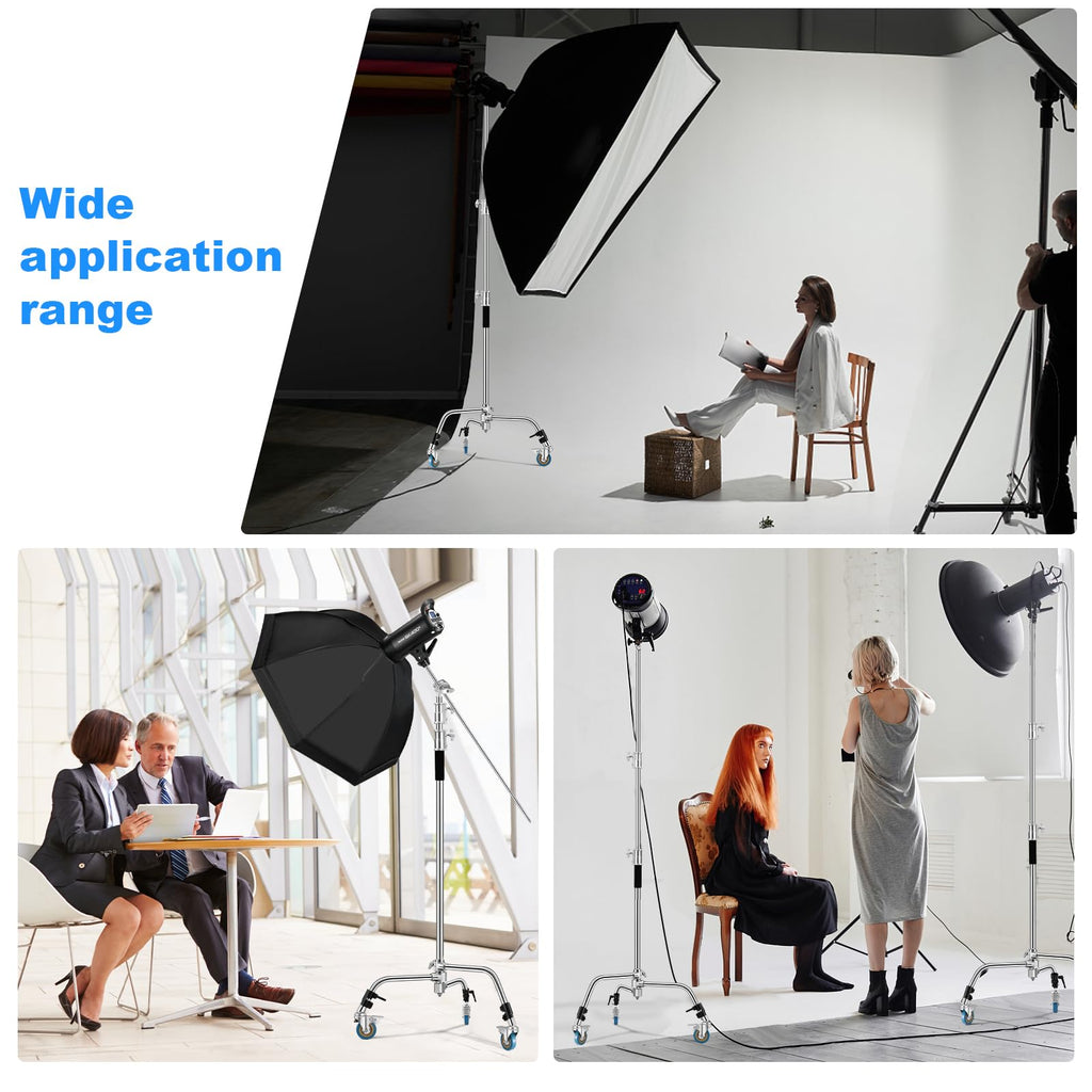Soonpho Adjustable 10ft/3.3m Heavy Duty Light Stand with Boom Arm and Wheels,100% Stainless Steel Reflector C-Stand with Grip Head & Sandbag &Clamps,for Studio Video Reflector,Monolight,Softboxes