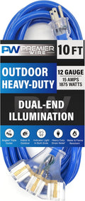 10 ft - 12 Gauge Heavy Duty Extension Cord - Lighted on Both Ends - SJTW Blue - Outdoor Extension_Cord Waterproof 10 ft by Premier Wire - 15 Amp ExtensionCord (10 Foot 12-Awg Power Cord Blue)