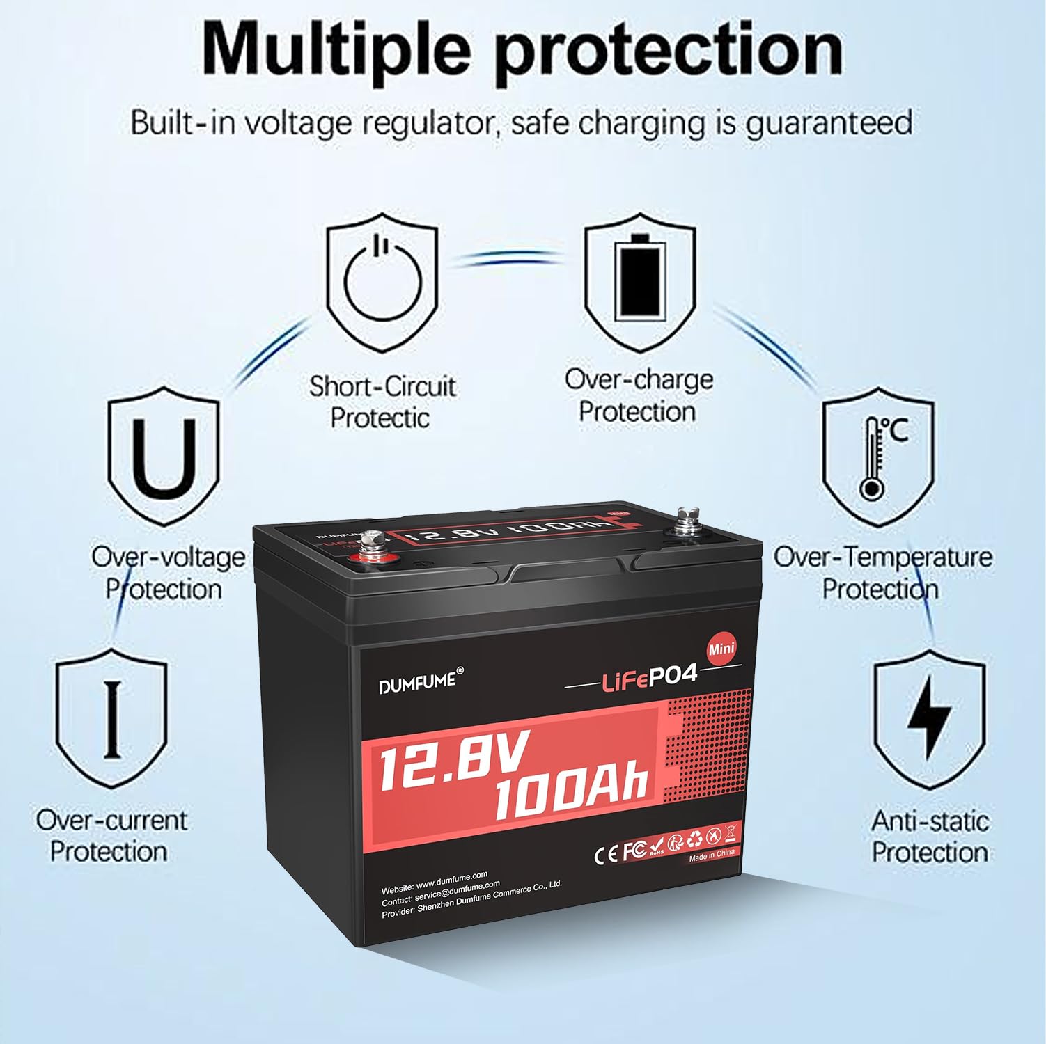 12V 100Ah Mini LiFePO4 Lithium Battery, Built-in 100A BMS