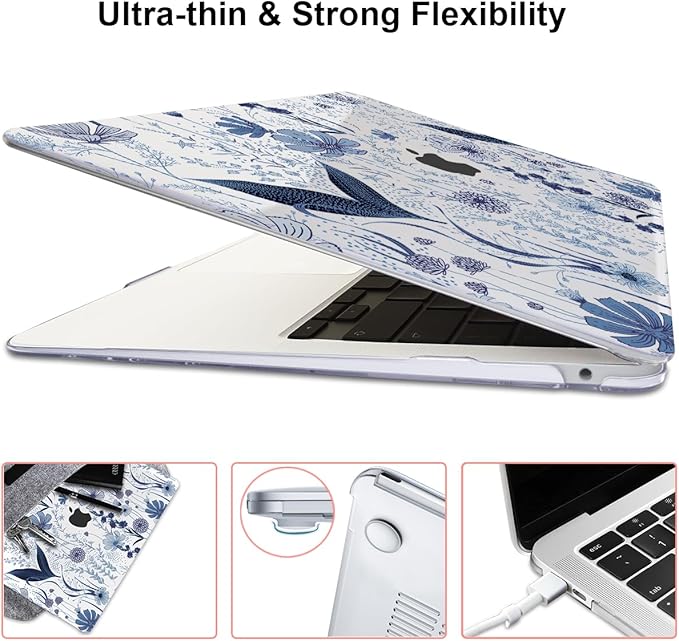 Compatible with 2018 2019 2020 2021 MacBook Air 13 inch Case M1 A2337 A2179 A1932, Clear Printed Pattern Hard Shell Case & Keyboard Cover for Mac Air 13 M1 Touch ID, Navy Blue Wild Flowers