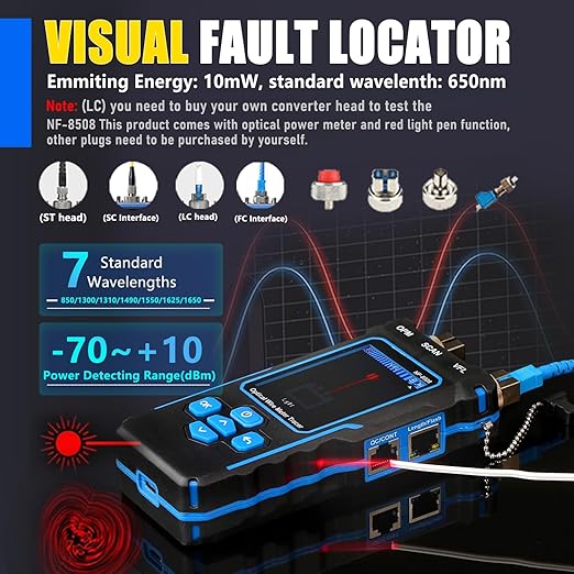 NOYAFA NF-8508 Network Cable Tester with 7 wavelength Optical Power Meter VFL,RJ11 RJ45/PoE Tester/CAT5 CAT6/NCV with 10mw Visual Fault Locator,Network Tool with Lithium Battery