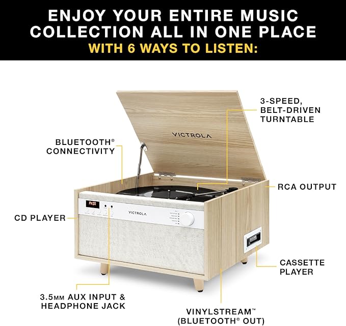 Victrola Century 6-in-1 Vinyl Record Player & Music Center – 3-Speed Turntable, CD & Cassette Player, VINYLSTREAM, Bluetooth & 3.5mm Aux, Record Player with Speakers, Mid Century Design (Natural)