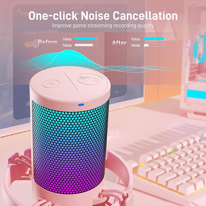MAONO Gaming Microphone with Noise Cancellation, USB Condenser Mic for Streaming, Podcast, Twitch, YouTube, Discord, PC Desktop Computer Mic for PS5, GamerWave DGM20 Pink